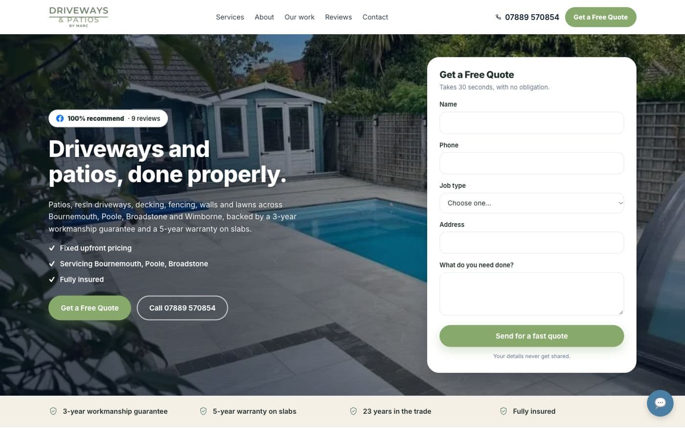 The Driveways and Patios by Marc homepage on desktop, with a free quote form beside the headline
